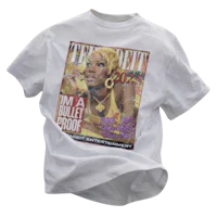 a white t - shirt with an image of a woman on it