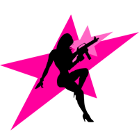 a silhouette of a woman holding a gun on a pink star