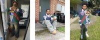 four pictures of a man sitting in front of a house