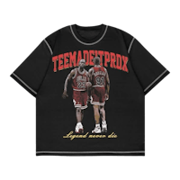 a black t - shirt with two basketball players on it