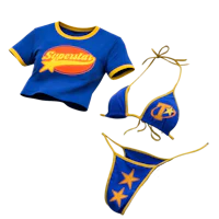 a blue bikini and t - shirt with stars on it